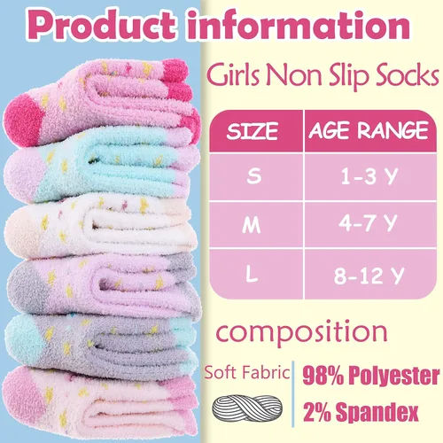 Miniatura 6 de ANTSANG Calcetines mullidos con agarres antideslizantes para niños y niñas, calcetines mullidos y acogedores de felpa cálidos, paquete de 6