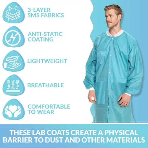 Miniatura 4 de 10 abrigos de laboratorio desechables Abrigo de laboratorio reutilizable duradero de 1.76 oz SMS hasta la rodilla con puños y bolsillos de punto