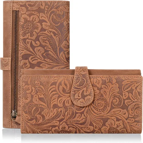 Miniatura 9 de Cartera de cuero genuino para mujer de cuero con bloqueo RFID - Tarjetero triple de diseñador para damas tipo clutch con ventana de identificación