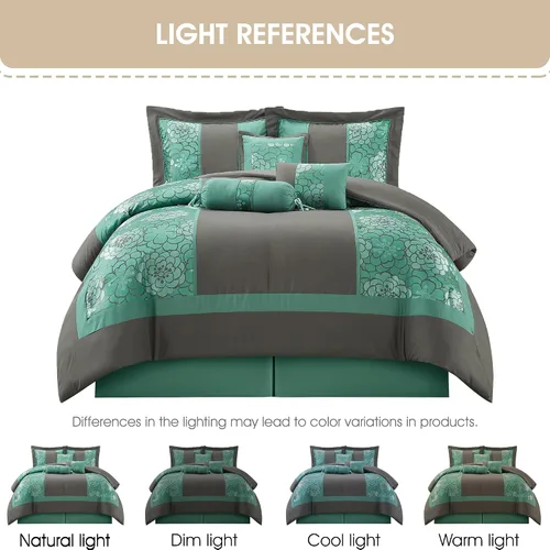 Miniatura 5 de Grand Avenue Juego de edredón gris aguamarina, tamaño Queen, juego de ropa de cama suave jacquard de 7 piezas, para todas las estaciones, falda
