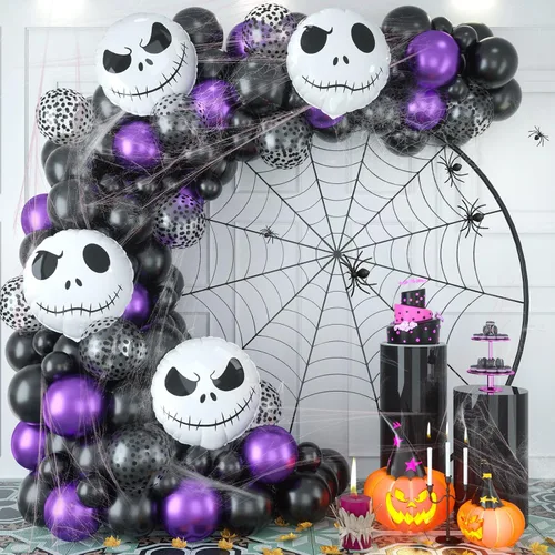 Kit de guirnalda de arco de globos para decoración de Halloween, 101 piezas de globos de látex de confeti morado metálico y negro mate, con globos