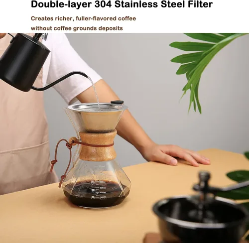 Miniatura 4 de Lalord Cafetera vertida con filtro de acero inoxidable reutilizable, jarra de café de vidrio borosilicato de 27 onzas, collar de madera, jarra