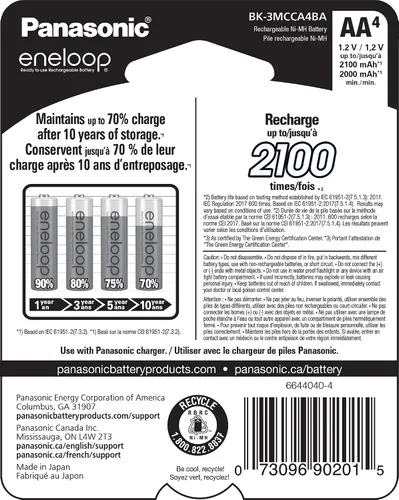 Miniatura 2 de Eneloop Panasonic BK-3MCCA4BA pilas recargables AA de 2100 ciclos Ni-MH, precargadas, paquete de 4