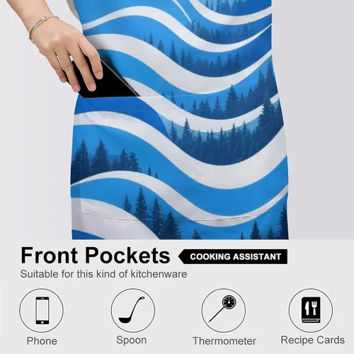 Miniatura 5 de MUSM Apron for Adults - 27.6 X 31.5 Inch, Heavy-Duty Polyester Aprons with Two Large Pockets, Waterproof Forest Abstract Wave Kitchen Apron for