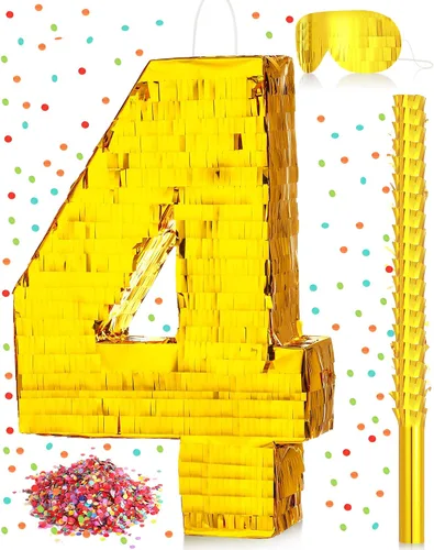 Miniatura 10 de Sratte Piñata - Decoraciones de fiesta de cumpleaños, piñata de lámina dorada con palo, confeti para niños y niñas, cumpleaños, aniversario