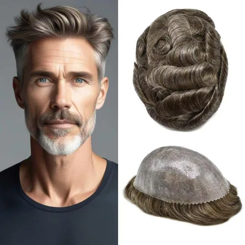 Miniatura 50 de Peluca completa de poliuretano para hombre, sistemas de reemplazo de cabello humano, piel fina y duradera, para hombre, prótesis de cabello