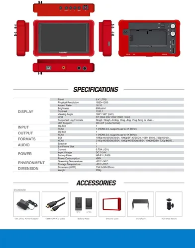 Miniatura 5 de Lilliput Monitor de cámara FS5 5.4 pulgadas 60HZ 4K HDMI 2.0 3G 3D-LUT SDI Video Assist 1920 * 1200 Full HD con funda de silicona