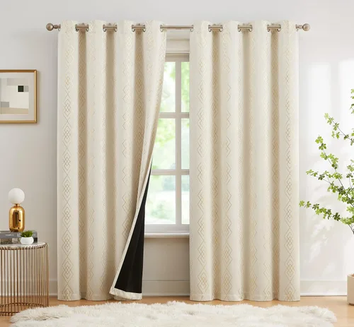 Miniatura 2 de Cortinas 100% opacas para dormitorio, cortinas metálicas geométricas de diamante en oro sobre blanco 63 pulgadas de largo, cortinas oscuras