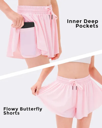 Miniatura 4 de Stelle Pantalones cortos fluidos con bolsillos para niñas, falda atlética para correr, cintura alta, mariposa, 2 en 1, pantalones cortos deportivos