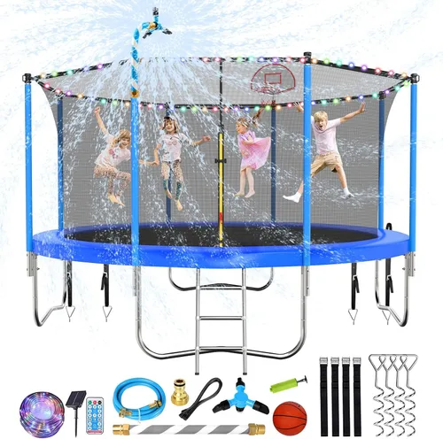 Miniatura 11 de Lyromix Trampolín mejorado con luces, trampolín grande para exteriores con aspersor, aro de baloncesto y red, capacidad para 5-8 niños y adultos