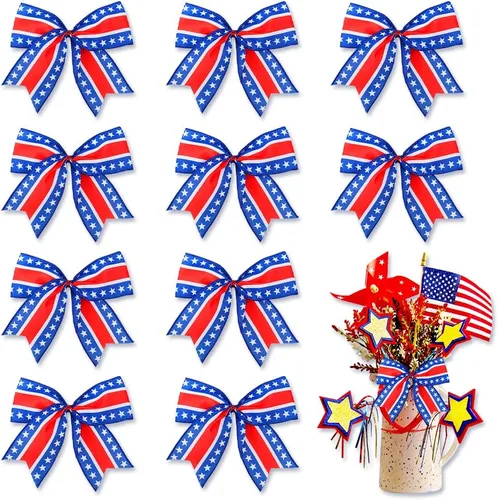 Miniatura 6 de ALIBBON 10 lazos patrióticos para corona, lazos de corona del 4 de julio, lazos de estrella a rayas diagonales, adornos de corona para decoración
