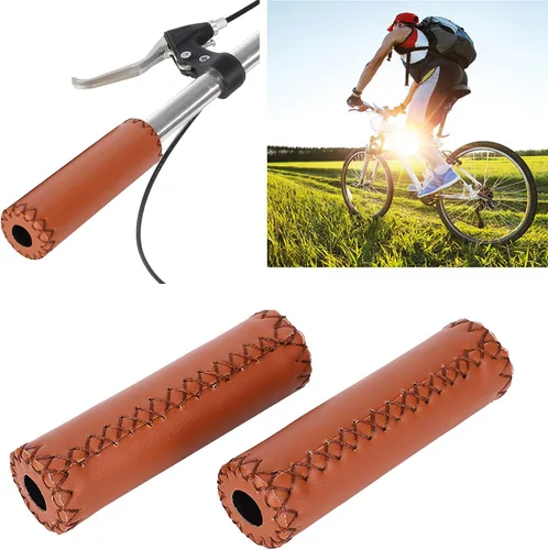 Miniatura 2 de 1 par de agarres de manillar de cuero artificial retro de tres colores con agarres de cubierta de mango cosido a mano (marrón)