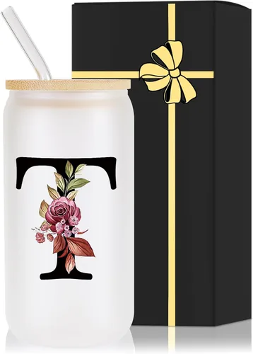 Miniatura 16 de Vaso de vidrio con monograma con tapa de bambú, popote personalizado, vaso de café helado de 16 onzas, tarro transparente de masón, cerveza, agua