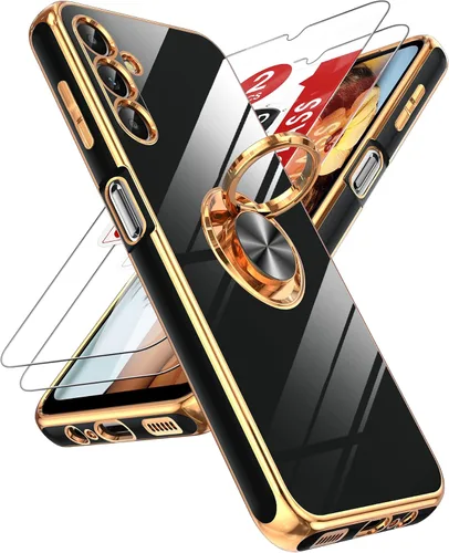 Miniatura 79 de LeYi Funda para Samsung Galaxy S22 Ultra con soporte de anillo giratorio de 360°, soporte magnético, chapado en oro rosa, borde protector para Negro