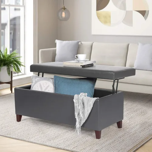 Miniatura 8 de Joveco Mesa auxiliar rectangular con bandeja elevadora, banco otomano de almacenamiento con patas de metal, banco tapizado en el extremo de la cama
