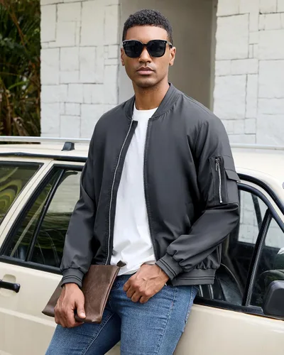 Miniatura 12 de Polu Chaquetas bomber para hombre con bolsillos, chaquetas cortavientos ligeras, cremallera de 2 vías, abrigo casual de negocios para otoño e