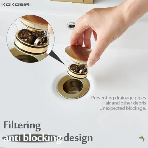 Miniatura 5 de KOKOSIRI C1001BG - Drenaje para fregadero de baño con recogedor de pelo desmontable, dorado cepillado con cesta coladora, antiobstrucción para Oro