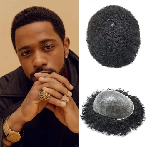 Miniatura 13 de Afro Toupee para hombres negros, cabello humano rizado afroamericano para hombre, sistema de cabello para toda la piel, base de poliuretano, unidad