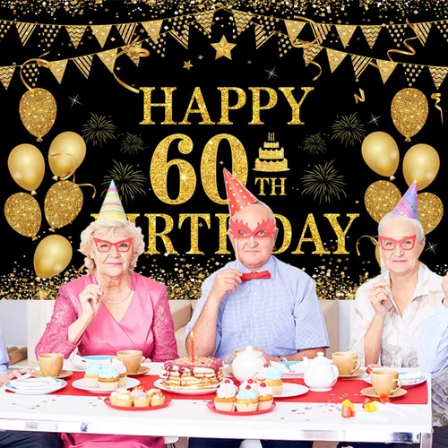 Miniatura 5 de Cartel de cumpleaños número 60, negro y dorado, 71 x 45 pulgadas, decoración de feliz cumpleaños 60 Oro negro 60