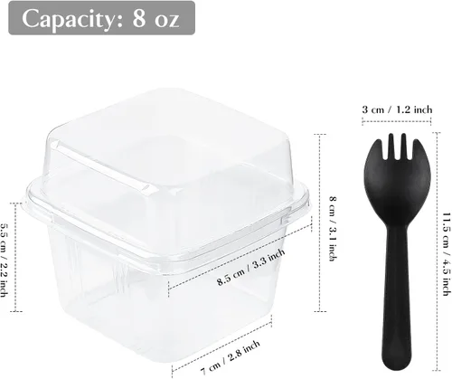 Miniatura 2 de TOFLEN 100 tazas cuadradas de plástico para postre de 8 onzas con tapas y tenedores, vasos de plástico transparente para yogur, parfait para mousse