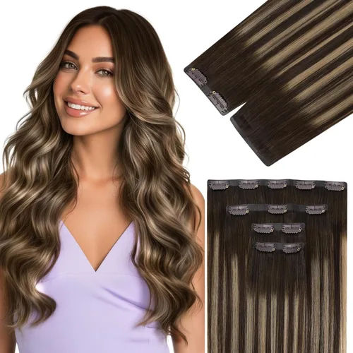Miniatura 51 de Ve Sunny Extensiones de cabello clip-in de cabello humano real con reflejos, extensiones de cabello con clip para cabello corto, marrón oscuro