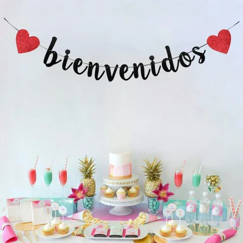 Miniatura 3 de TENNYCHAOR Cartel de Bienvenidos - Decoración de bienvenida mexicana con purpurina negra, decoración de fiesta de bienvenida española para el hogar
