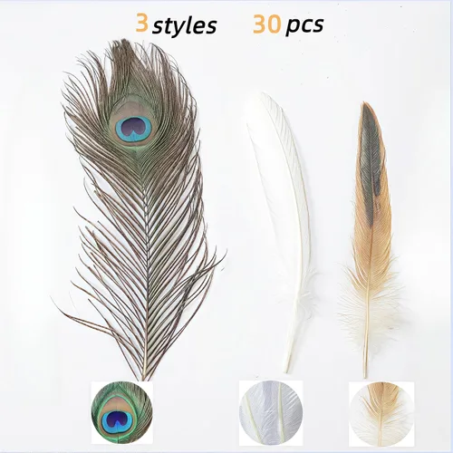Miniatura 2 de Pluma natural real a granel, 30 unidades, 3 estilos de plumas surtidas, plumas de ganso blanco, plumas de gallo, plumas de pavo real para decoración