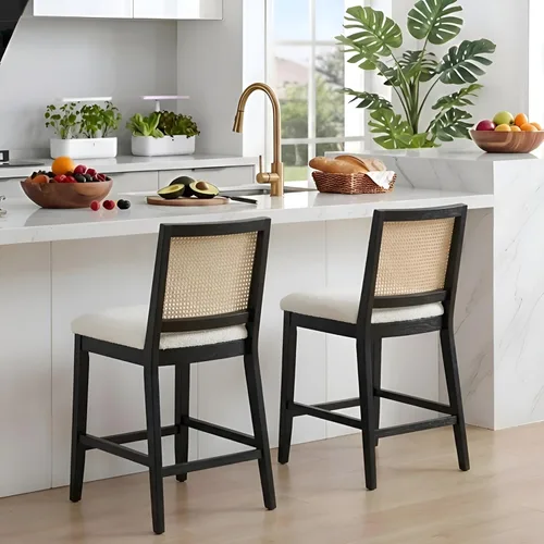 Miniatura 11 de RIVOVA Juego de 2 taburetes de bar de ratán de 26.5 pulgadas, modernos taburetes de bar tapizados de tela de lino de altura de mostrador, taburetes