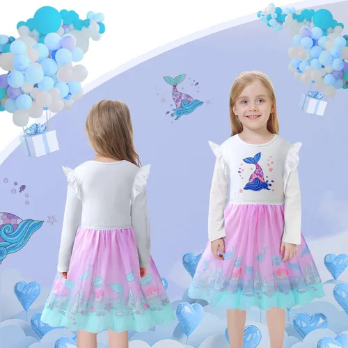 Miniatura 7 de VASCHY Dress for Girls,Cute Girls Long Sleeve Princess Party Outfit Clothes,ToddlerLittleBig Kid Girls Clothing 2-10T