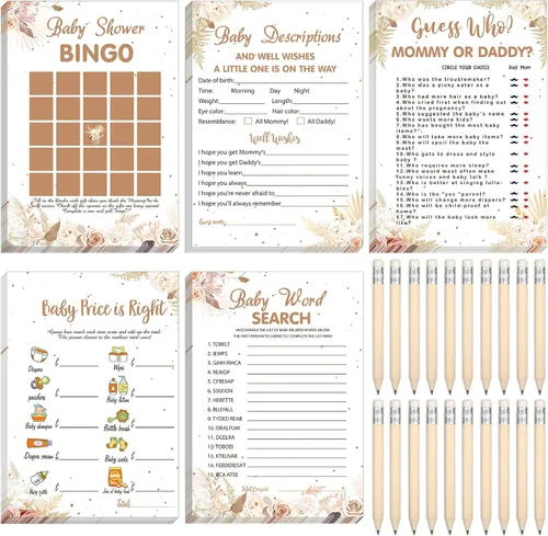 Miniatura 9 de Yinder 145 tarjetas de actividades para juegos de baby shower con 20 lápices, incluye descripción de bingo para bebés y deseos, adivina quién es