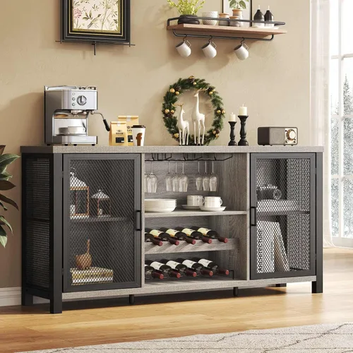 Miniatura 10 de Launica - Gabinete de barra de licores industrial, gabinete de vino rústico, gabinete de aparador buffet para licores y vasos, gabinete de barra