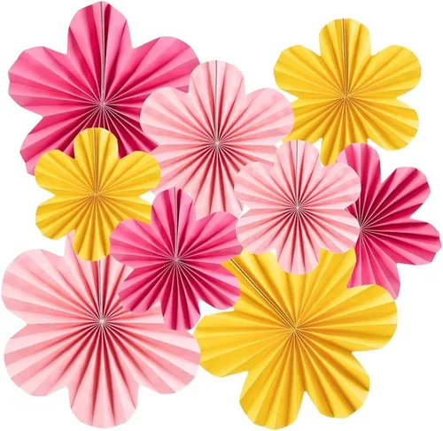 Decoraciones de fiesta de flores, abanicos de papel colgantes de color rosa y amarillo, decoraciones de flores de papel rosa para pared, decoración
