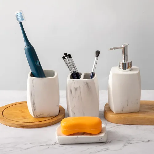 Miniatura 6 de Juego de accesorios de baño, organizador de baño de 4 piezas con vaso de cepillo de dientes, dispensador de jabón, jabonera, vaso, kits de resina