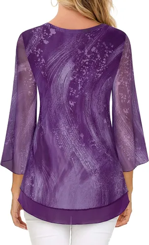 Miniatura 4 de Timeson Blusas florales de manga 34 para mujer, camisas de doble capa con cuello en V, túnica elegante