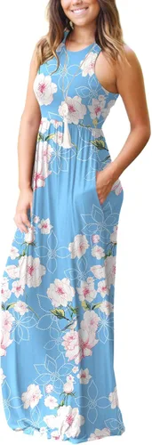 Miniatura 3 de Grecerelle - Vestido largo sin mangas para mujer, con estampado floral y espalda cruzada, informal, con bolsillos