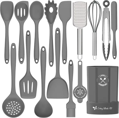 Deedro - Juego de utensilios de cocina de silicona, 16 piezas de utensilios de cocina de silicona, resistentes al calor, con soporte, espátula Gris