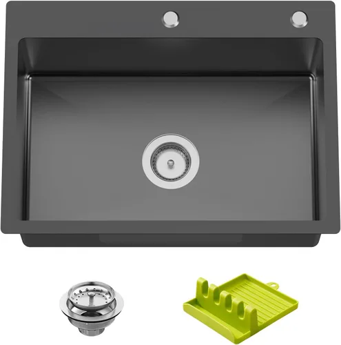 Miniatura 9 de Fregadero Negro de Cocina y Bar, Fregadero de Cocina de Acero Inoxidable de 15 x 17 Pulgadas para Empotrar, Fregadero de Bar Moderno de Un Solo