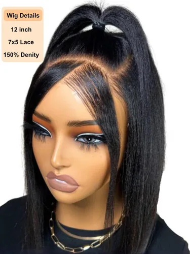 Miniatura 3 de UNICE Yaki Peluca Bob Recta de Cabello Humano con Cordón Adiós Nudos Sin Pegamento 7x5 Pelucas Frontales de Encaje de Cabello Humano Pre Desplumadas