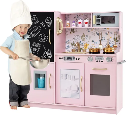 Miniatura 11 de Juego de cocina, juguete de cocina de madera para niños con microondas, nevera, horno fácil de hornear, pizarra y máquina de hielo, juguetes de Verde