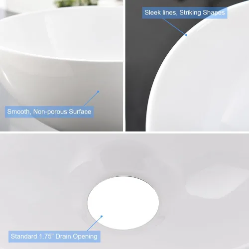 Miniatura 7 de Fregadero redondo de baño de 13 x 13 pulgadas, fregadero pequeño sobre mostrador, lavabo de porcelana blanca de cerámica