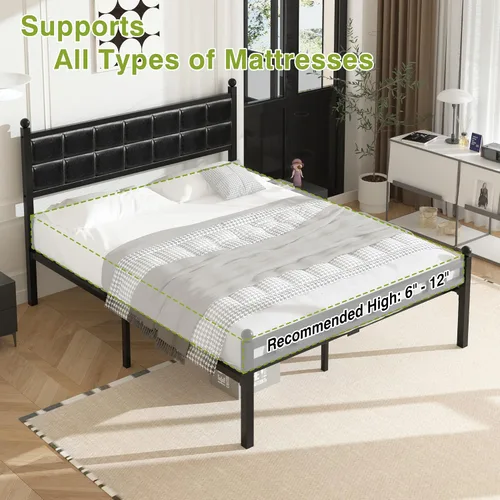 Miniatura 6 de VECELO Base de cama matrimonial, cama tapizada con cabecera de piel sintética, soporte de listones de metal fuerte, sin ruido, no necesita somier