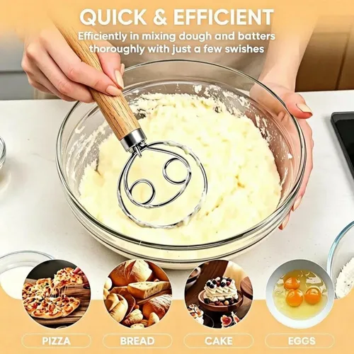 Miniatura 6 de Maxjoy Batidor de masa danesa para hornear pan de masa madre, gancho de acero inoxidable con mango de madera Batidor de masa de 2 ojos
