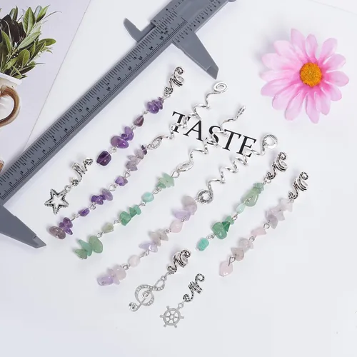 Miniatura 3 de hoyuwak - 40 accesorios para el cabello con piedra de cristal de color natural, dijes metálicos para el cabello, espirales de rastas plateadas