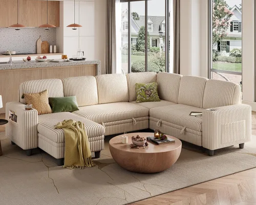 Miniatura 46 de LINSY HOME Sofá cama modular extraíble para sala de estar (beige, sofá cama 1) Sofá cama extraíble, almacenamiento, carga USB, portavasos, pana