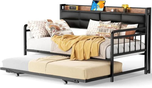 Miniatura 9 de Homieasy Sofá cama con nido, cama individual con cabecera tapizada y estación de carga, marco de sofá cama individual de metal, cama nido