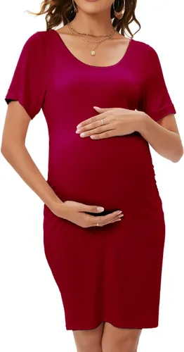 Miniatura 2 de ZIUMUDY Vestido ajustado de maternidad fruncido con cuello redondo y manga corta para baby shower, embarazo, vestido casual
