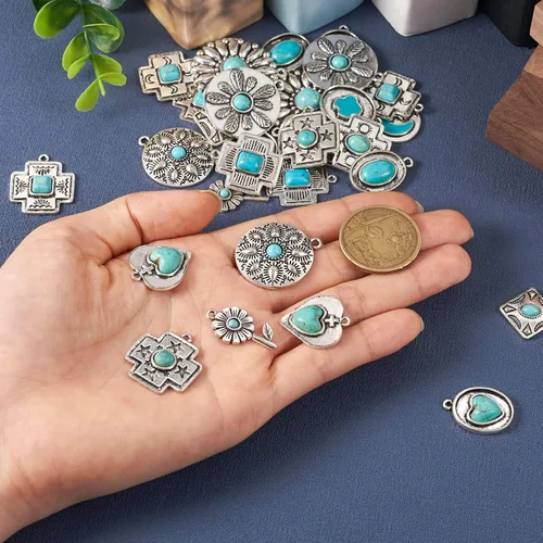 Miniatura 6 de 30 dijes de turquesa de 15 estilos occidentales, estilo tibetano, vintage, grandes, colgantes, retro, flores, cruz, piedra bohemia, para vaquera
