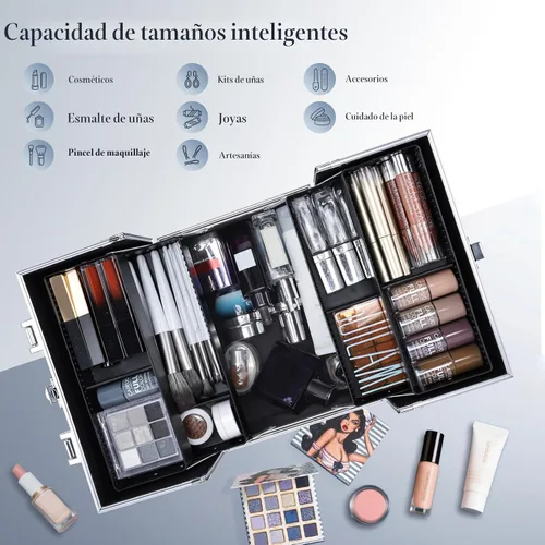 Miniatura 3 de FRENESSA Estuche de Tren para Maquillaje, Caja Organizadora de Cosméticos Portátil con Candado, Estuche de Viaje para Maquillaje con 4 Bandejas