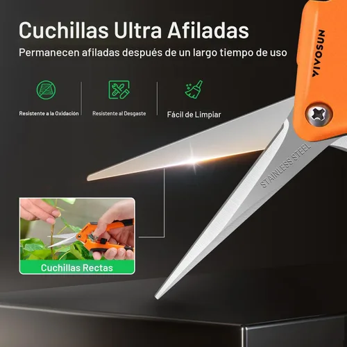 Miniatura 6 de Podadora manual VIVOSUN, para jardinería, con cuchillas rectas de acero inoxidable, Anaranjado