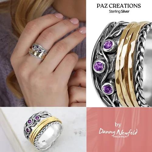 Miniatura 4 de Paz Creations - Anillos giratorios de plata de ley 925 para mujer con piedras preciosas naturales, banda gruesa con patrón martillado, joyería